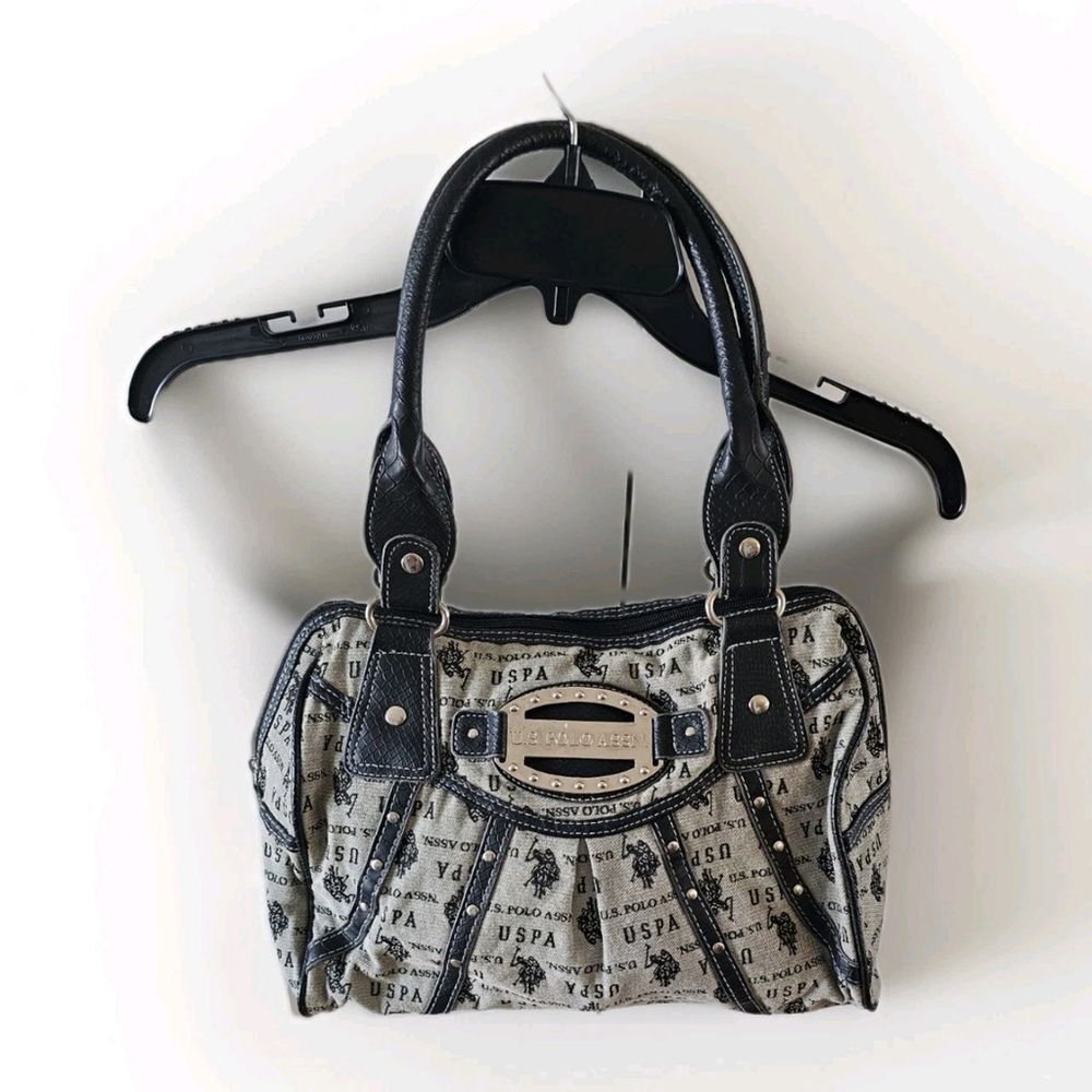 U.S. Polo. Assn. Black Gray Fabric Canvas Purse Black Patent Trim